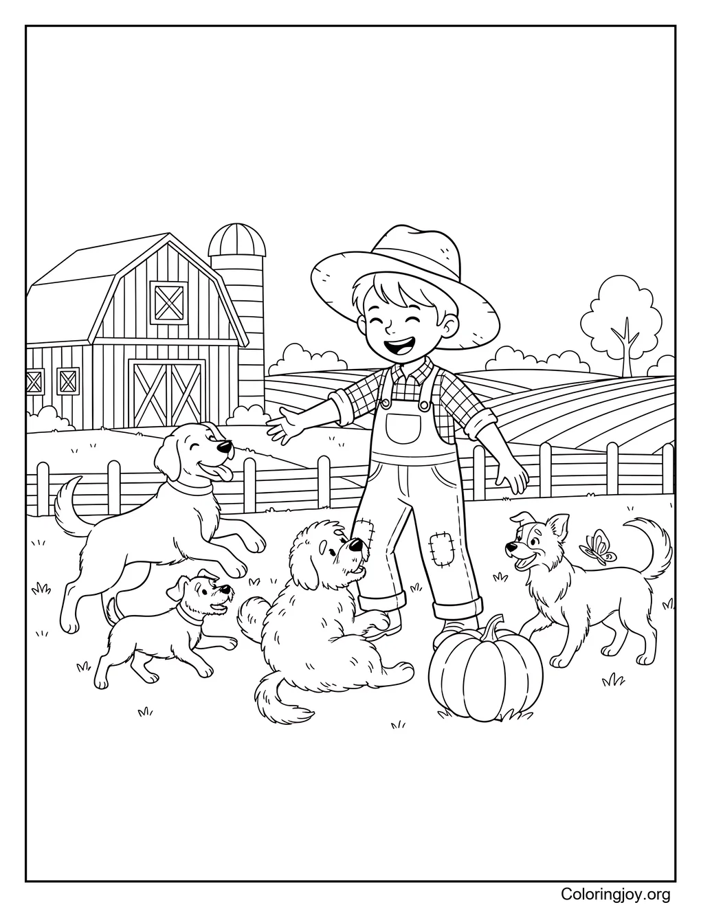 Niño granjero y perros