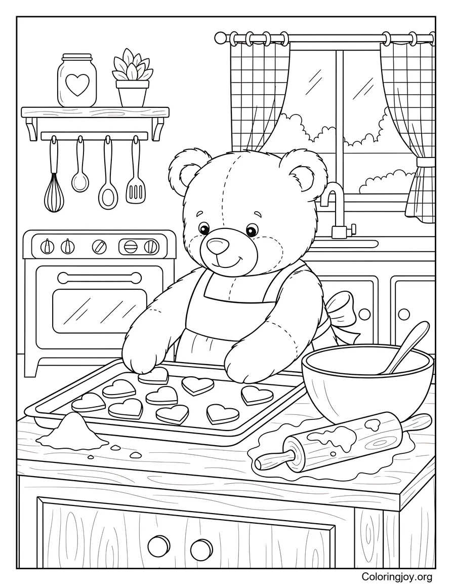 Oso de peluche horneando galletas