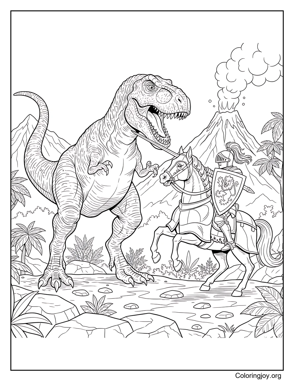 Pelea de dinosaurios y caballeros