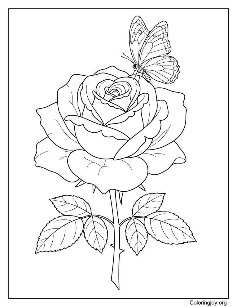 Página para colorear de rosas y mariposas