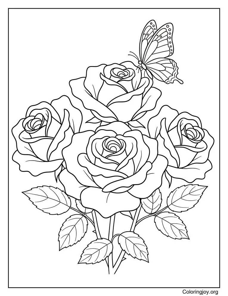 Página para colorear de rosas con mariposa