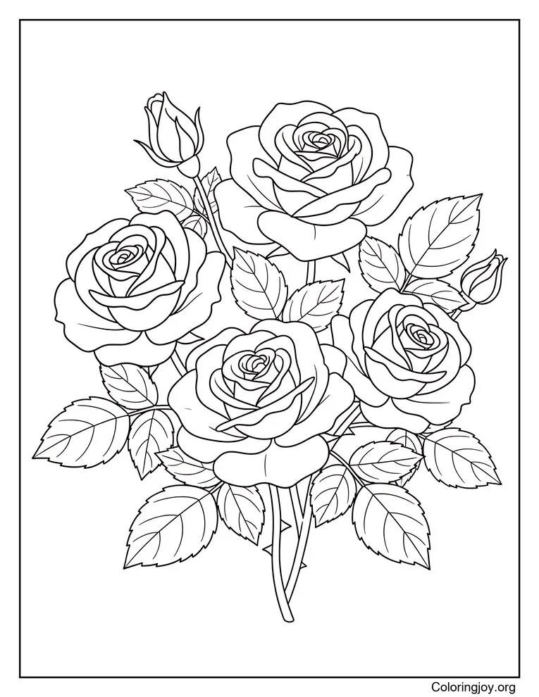 Página para colorear de rosas de jardín con hojas