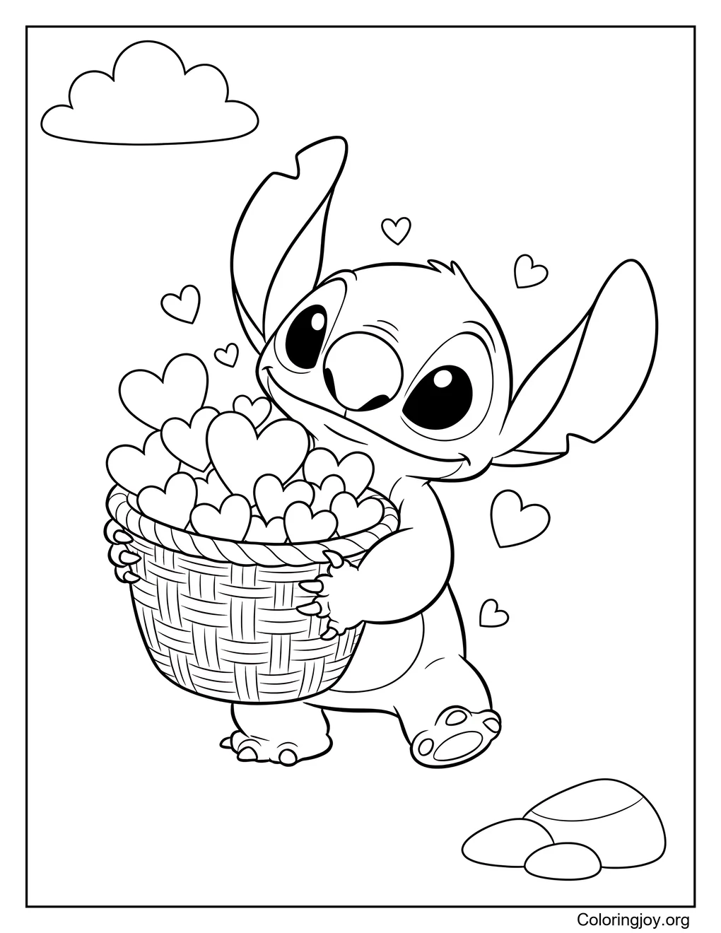Stitch con una canasta de corazones
