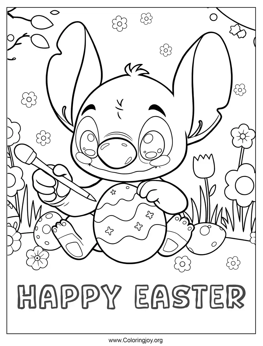 Stitch pintando huevos de Pascua