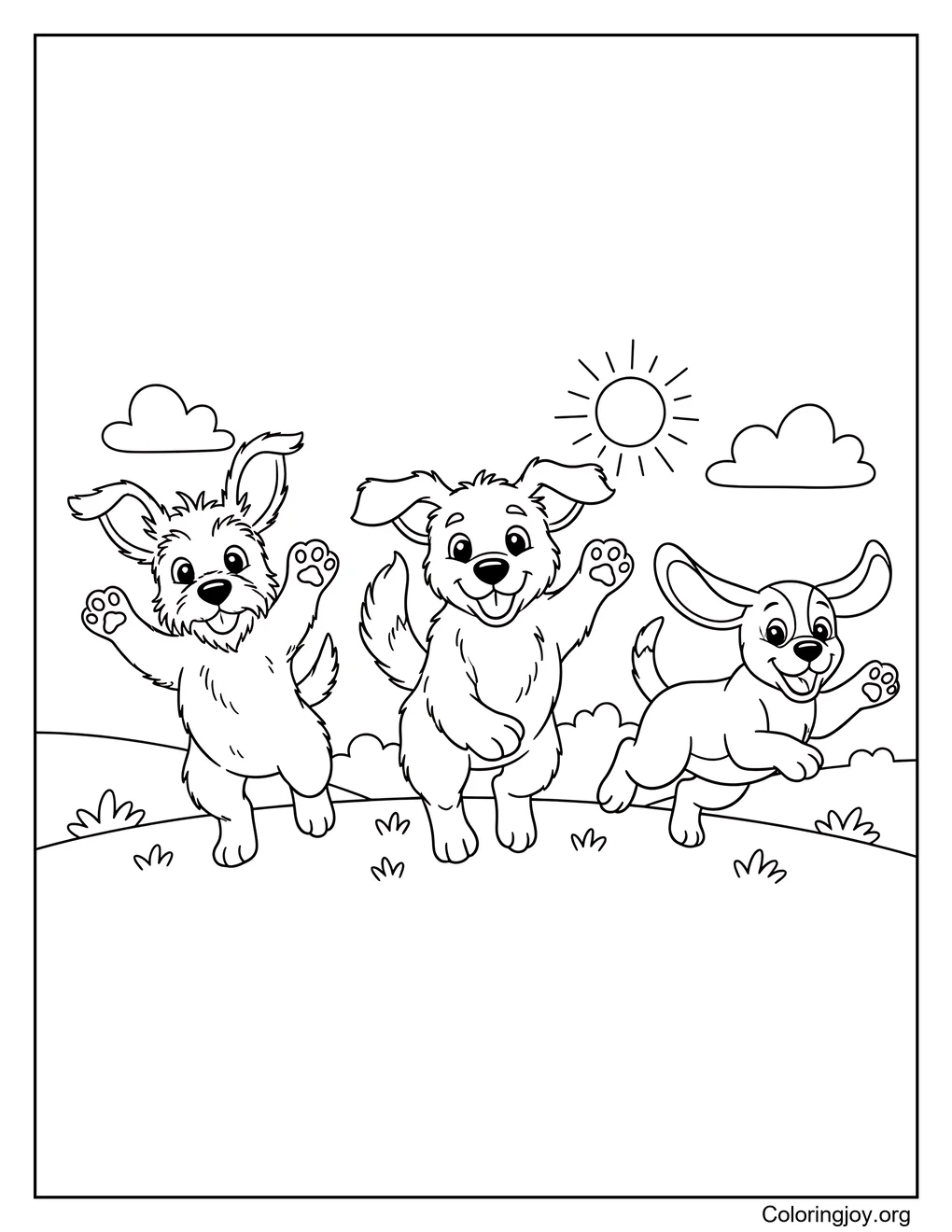 Tres Perros Jugando dibujo para colorear