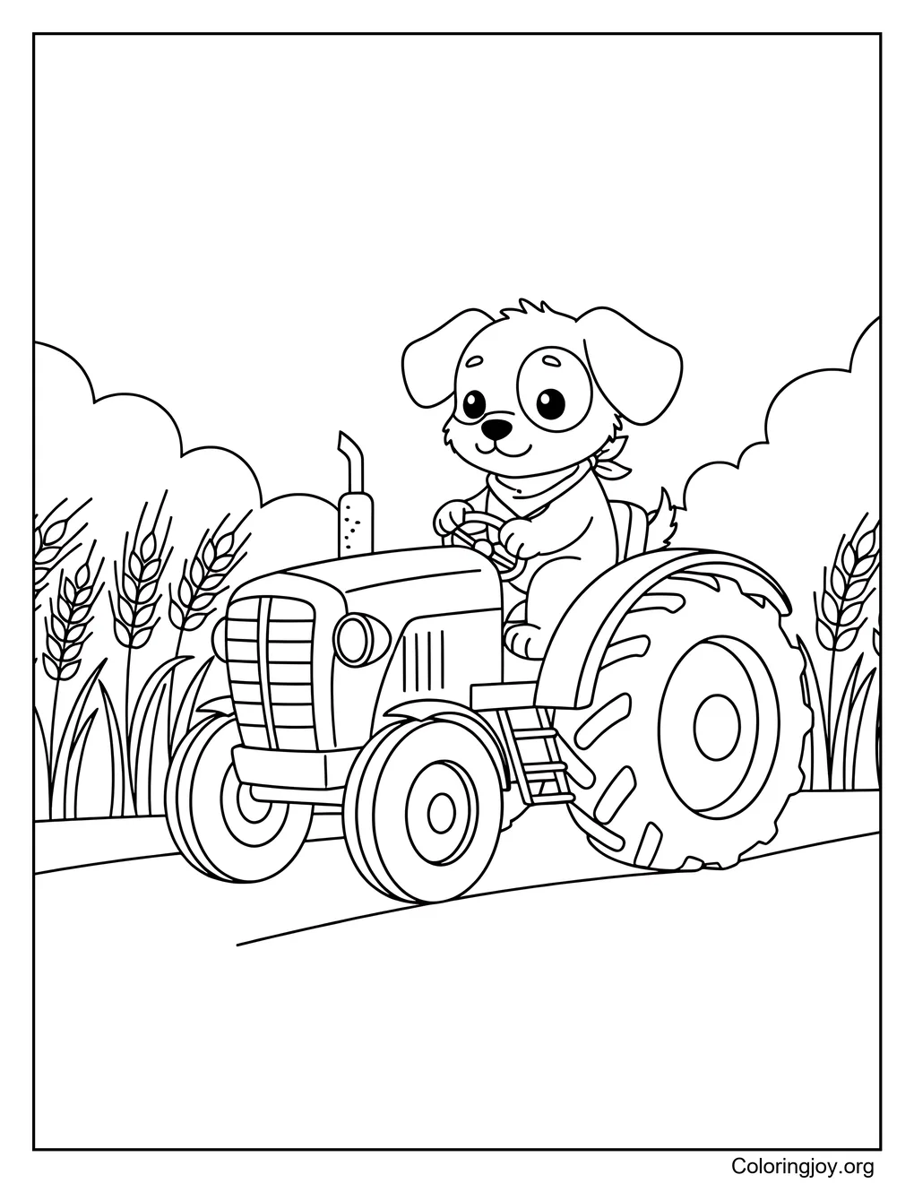 Boerenhond op zijn tractor