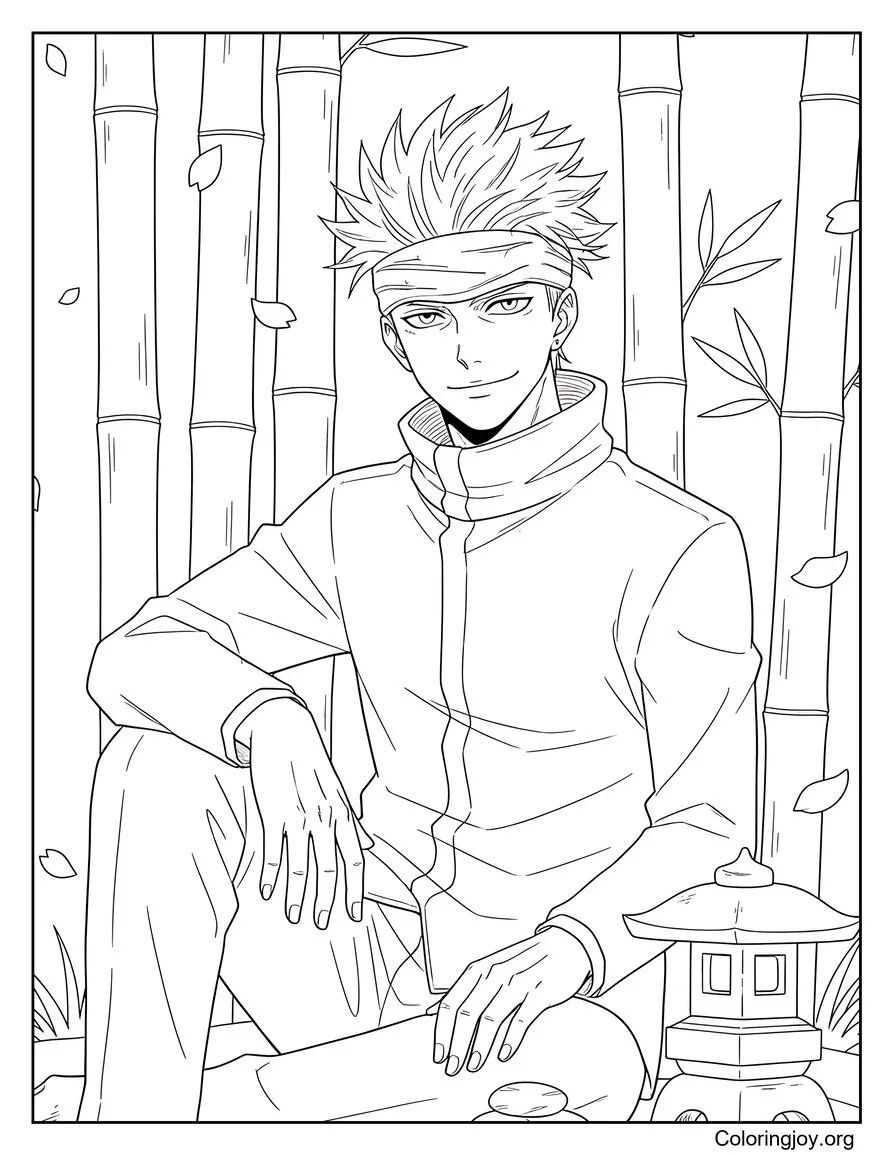 In a peaceful garden, Gojo closes his eyes and relaxes.