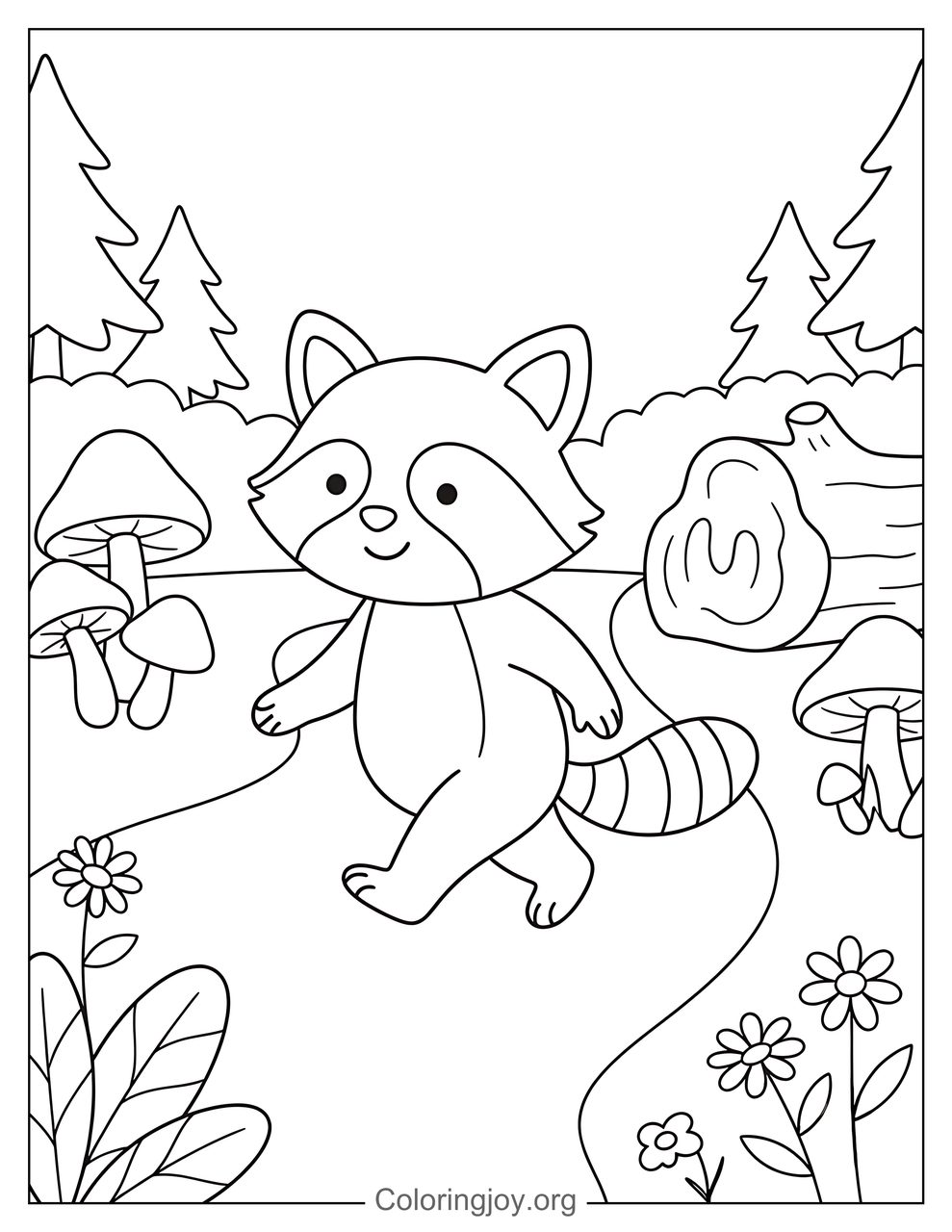 Raccoon in the Forest Coloring Page