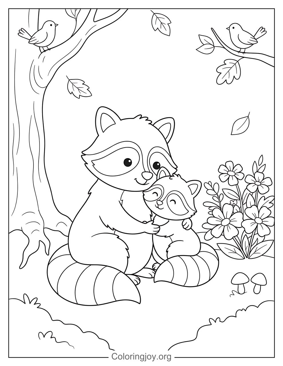 Raccoon Mother and Baby Coloring Page