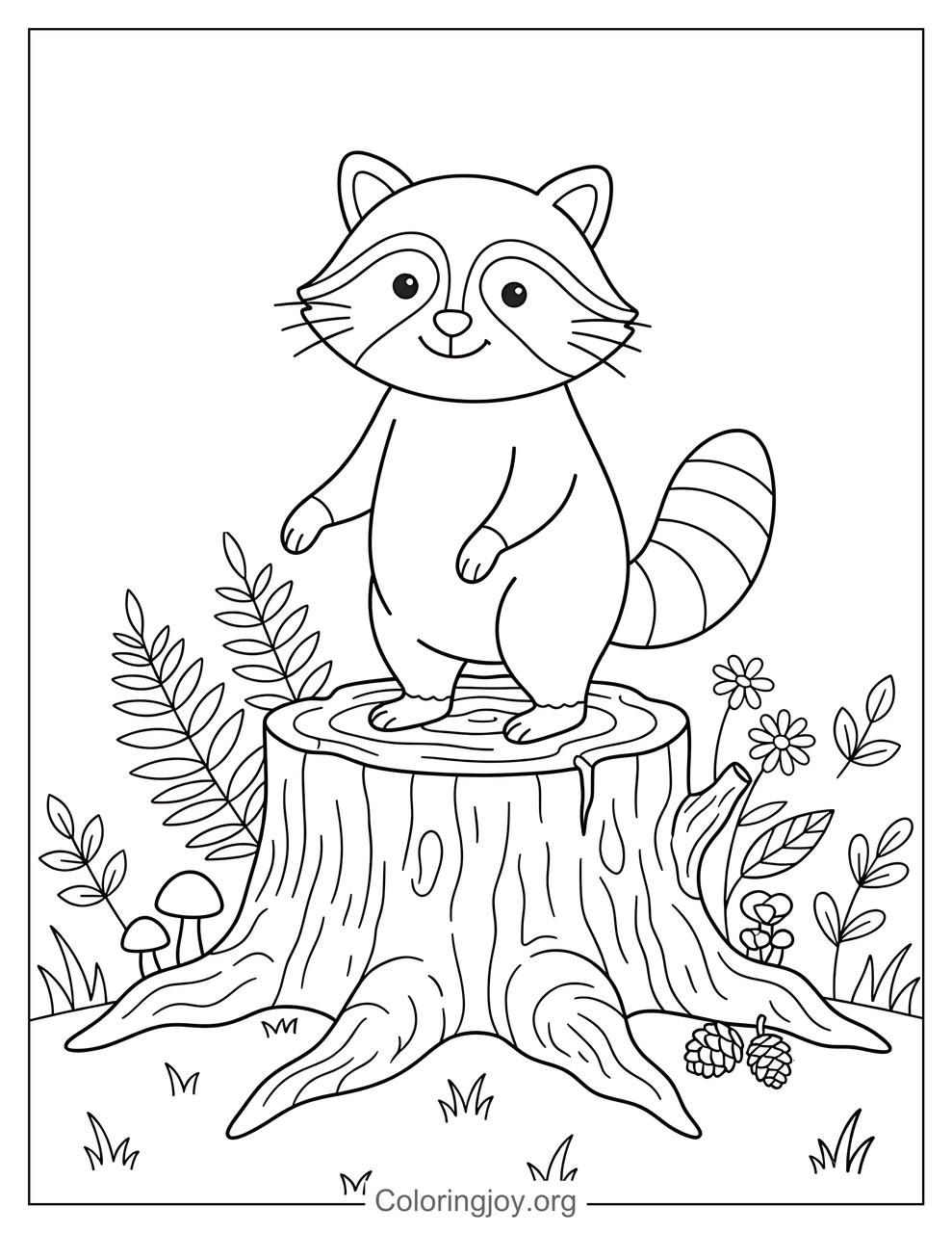 Raccoon on a Tree Stump Coloring Page