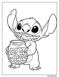 Stitch hold a jar filled with hearts
