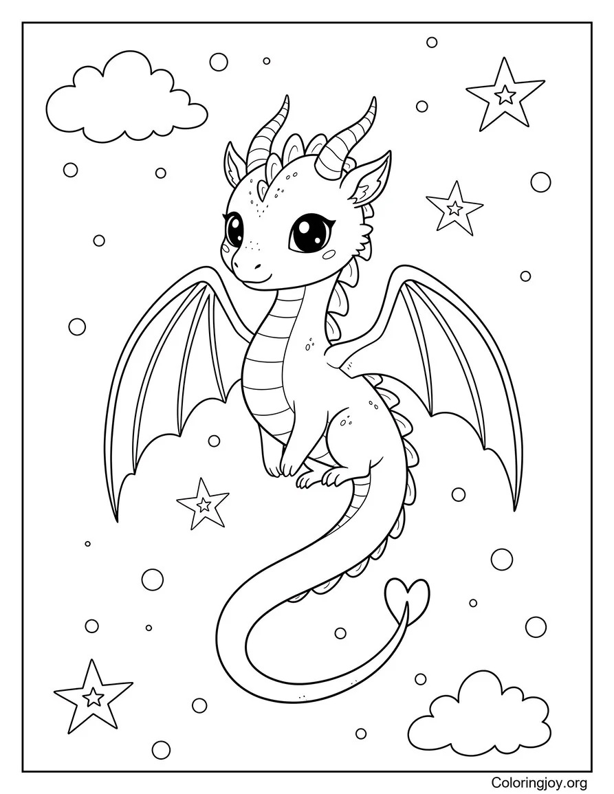 A friendly dragon spreads wide wings and swishes a long tail.