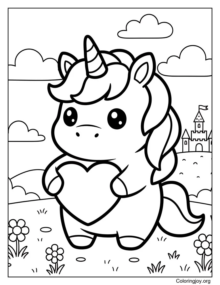Unicorn Holding a Heart Coloring Page