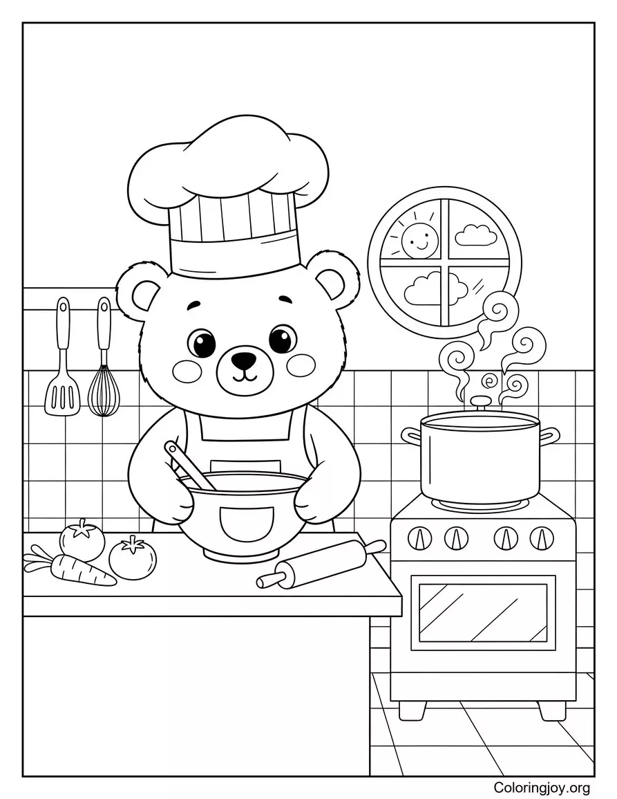 Bear Chef Cooking in Kitchen