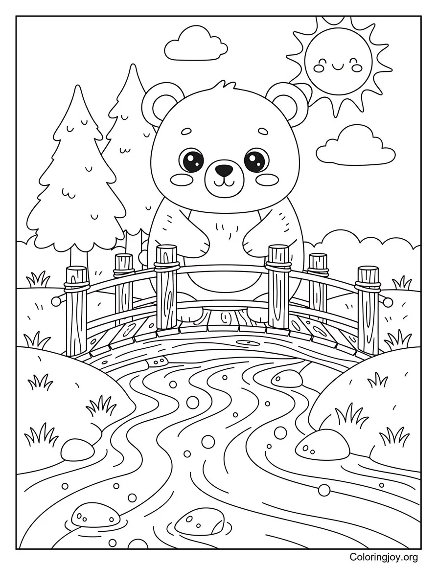 Bear Crossing a Wooden Bridge Over a Stream