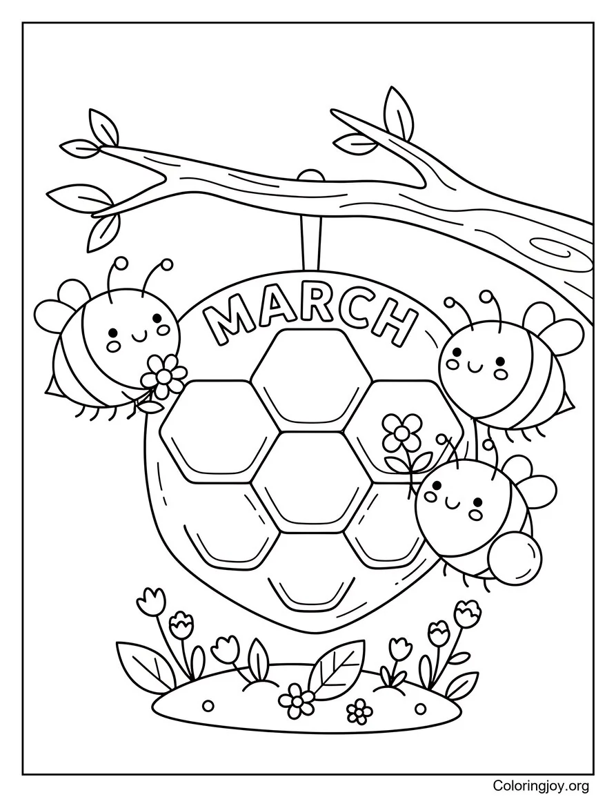 Bees and the Honeycomb Hive March Coloring page