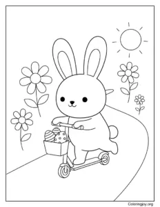 Bunny riding a scooter with eggs