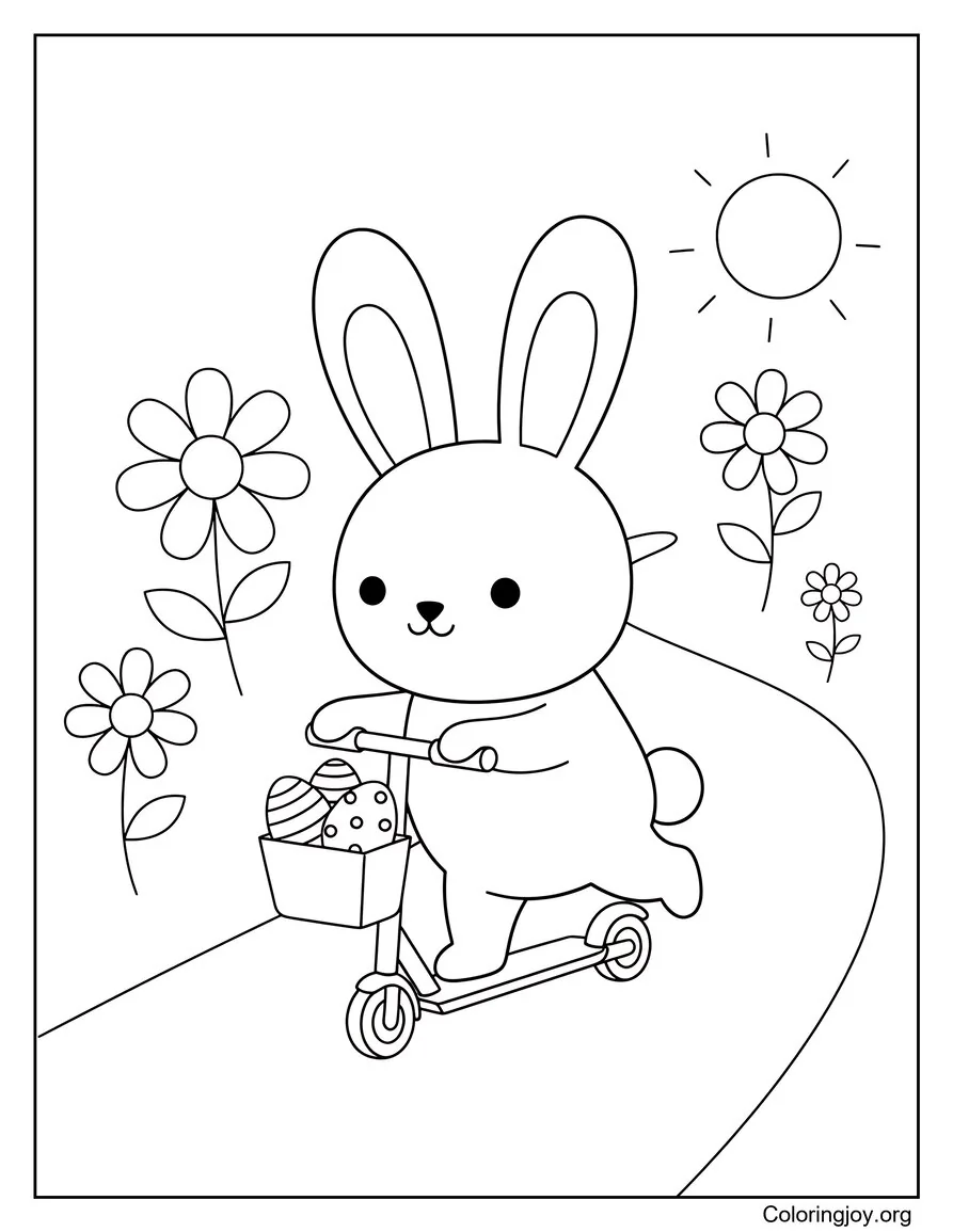 Bunny riding a scooter with eggs