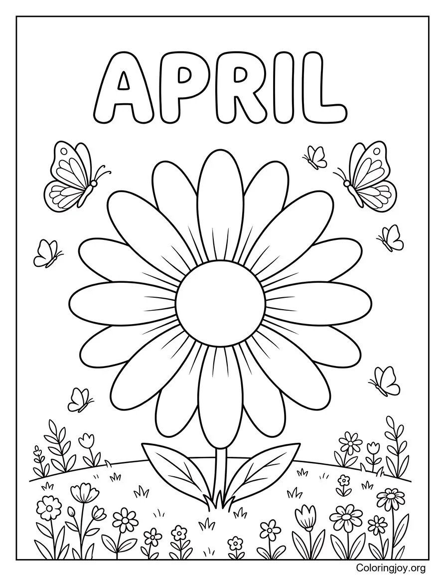 Around a giant daisy, butterflies flutter while the word April appears nearby.