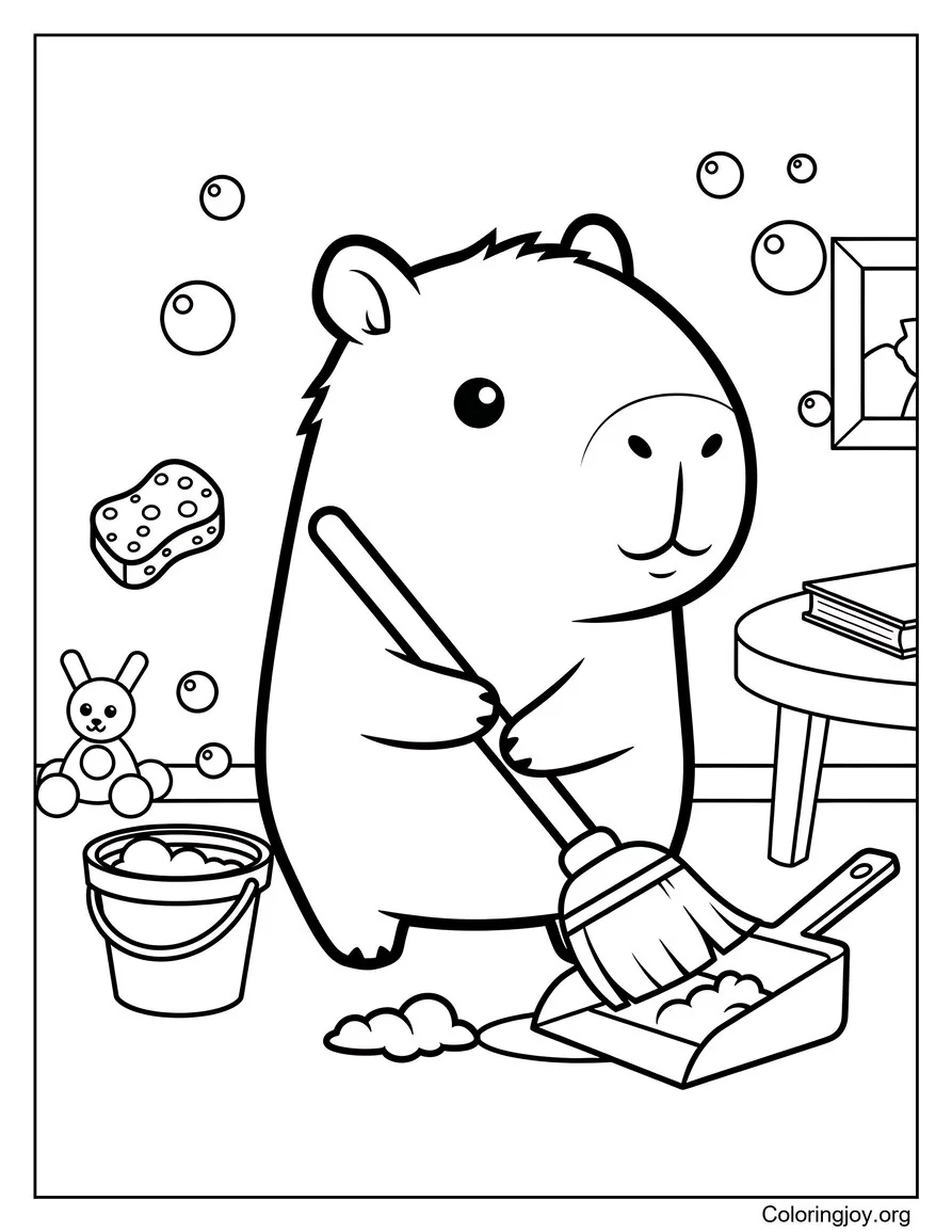 capybara cleaning room coloring page