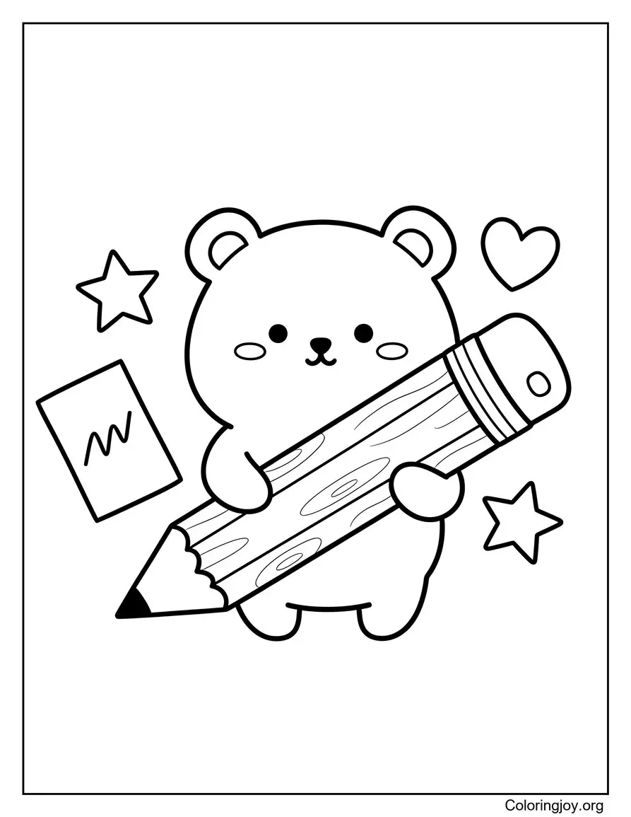 Kawaii Bear Holding a Giant Pencil