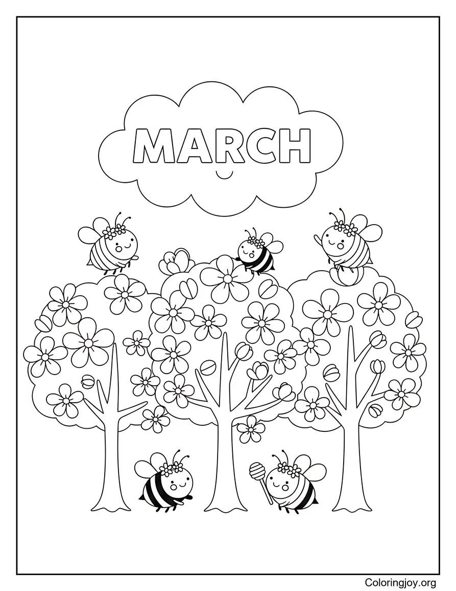 Marzo de abejas y flores ocupadas