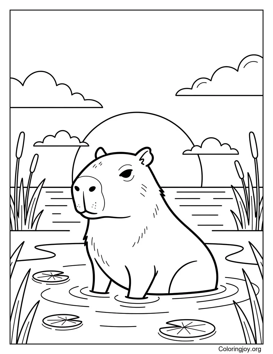 Dibujo de capibara para colorear al atardecer
