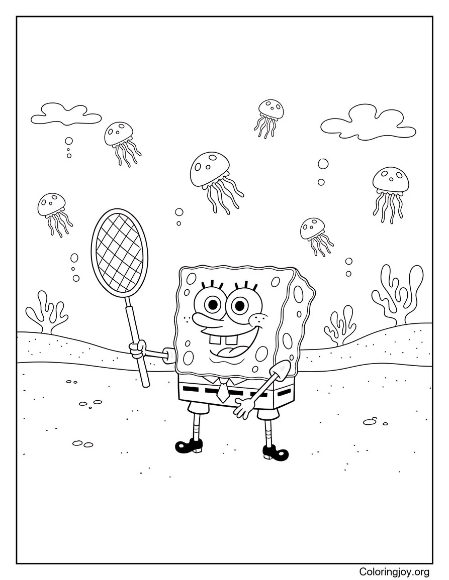 Bob Esponja atrapando medusas en campo abierto