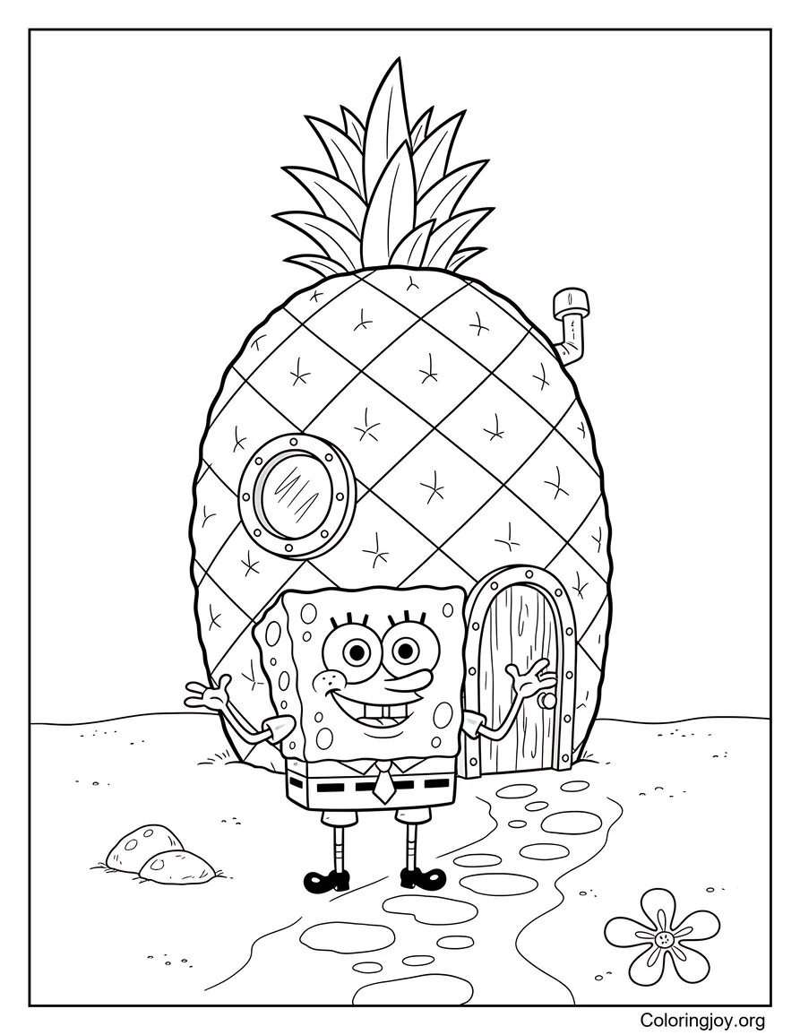 Bob Esponja parado frente a la casa de Piña