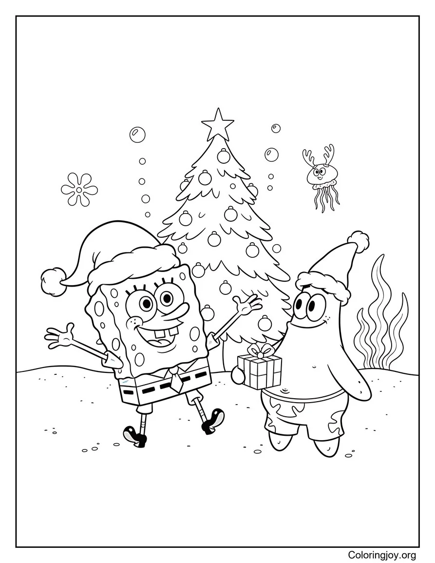Bob Esponja y Patricio con gorros de Papá Noel