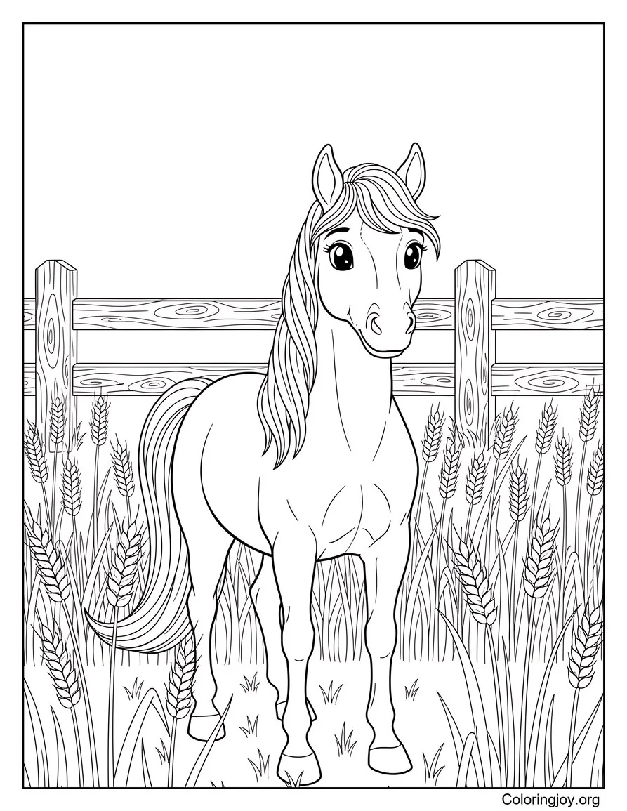 Página para colorear de caballos de campo de cebada de granja