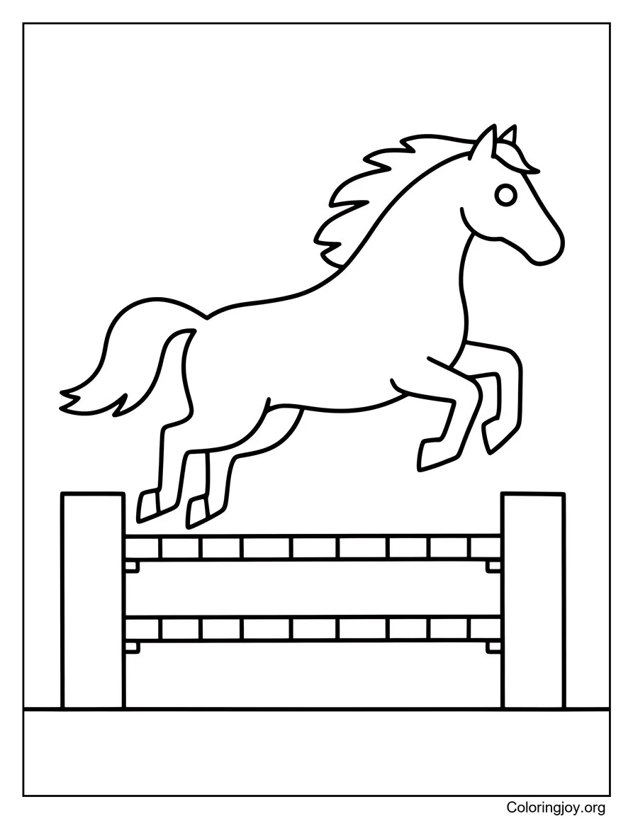 Hoja para colorear de caballo saltando sobre una valla