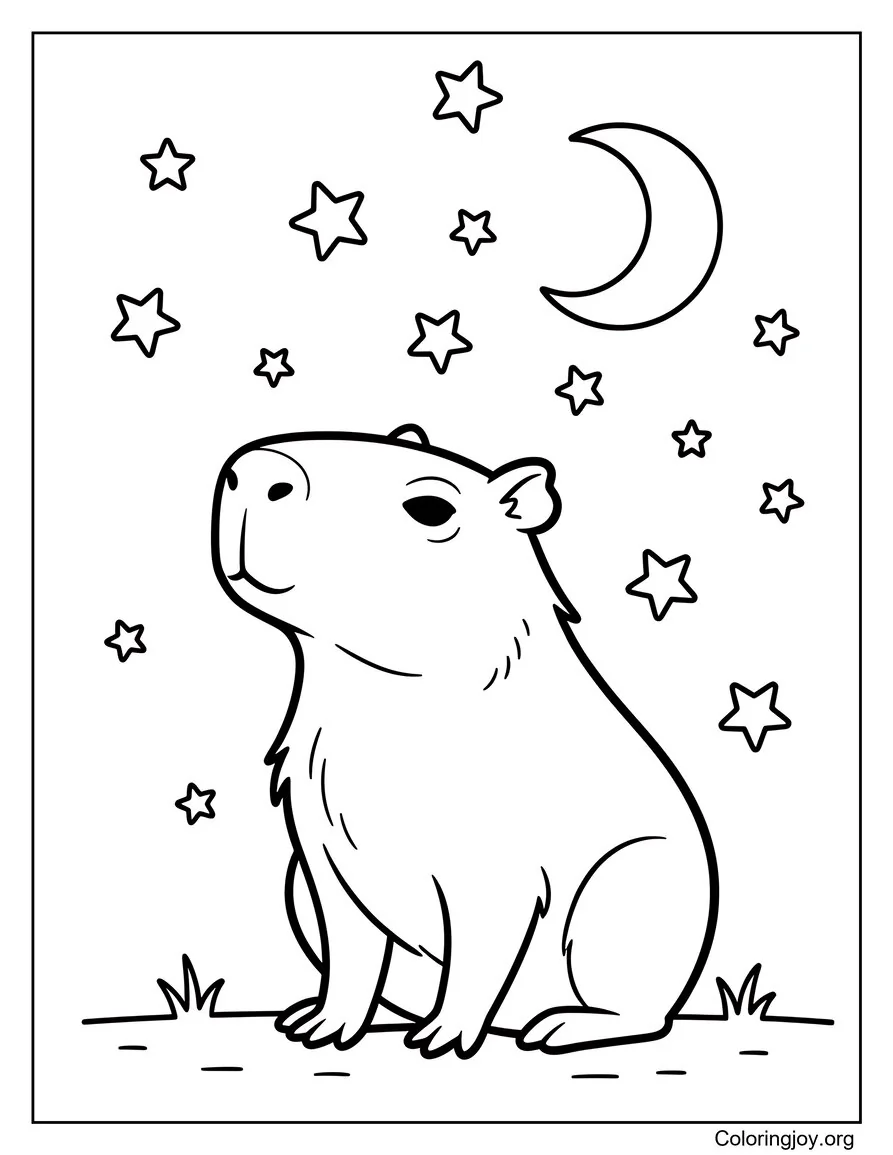Dibujo de capibara observando las estrellas para colorear