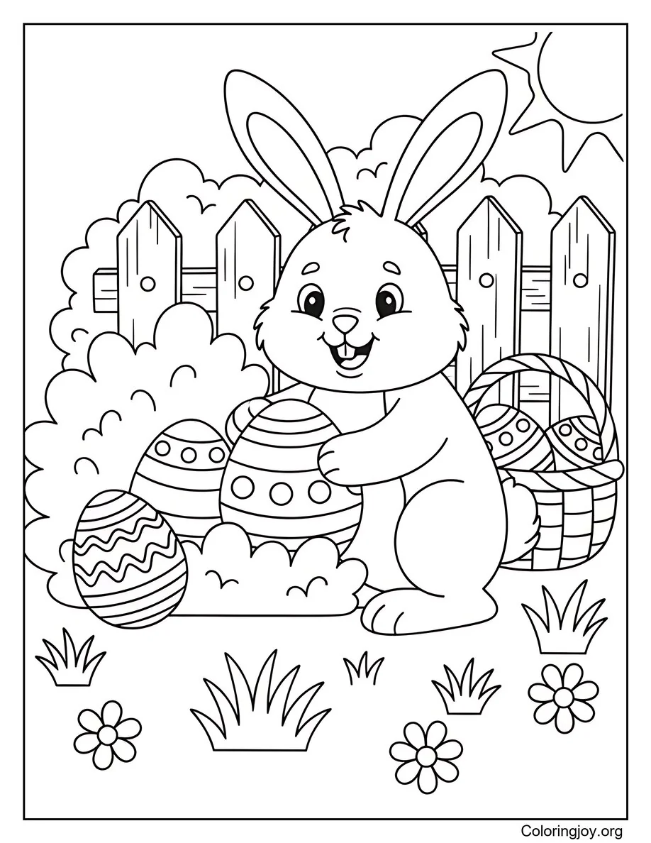 Conejito de Pascua escondiendo huevos