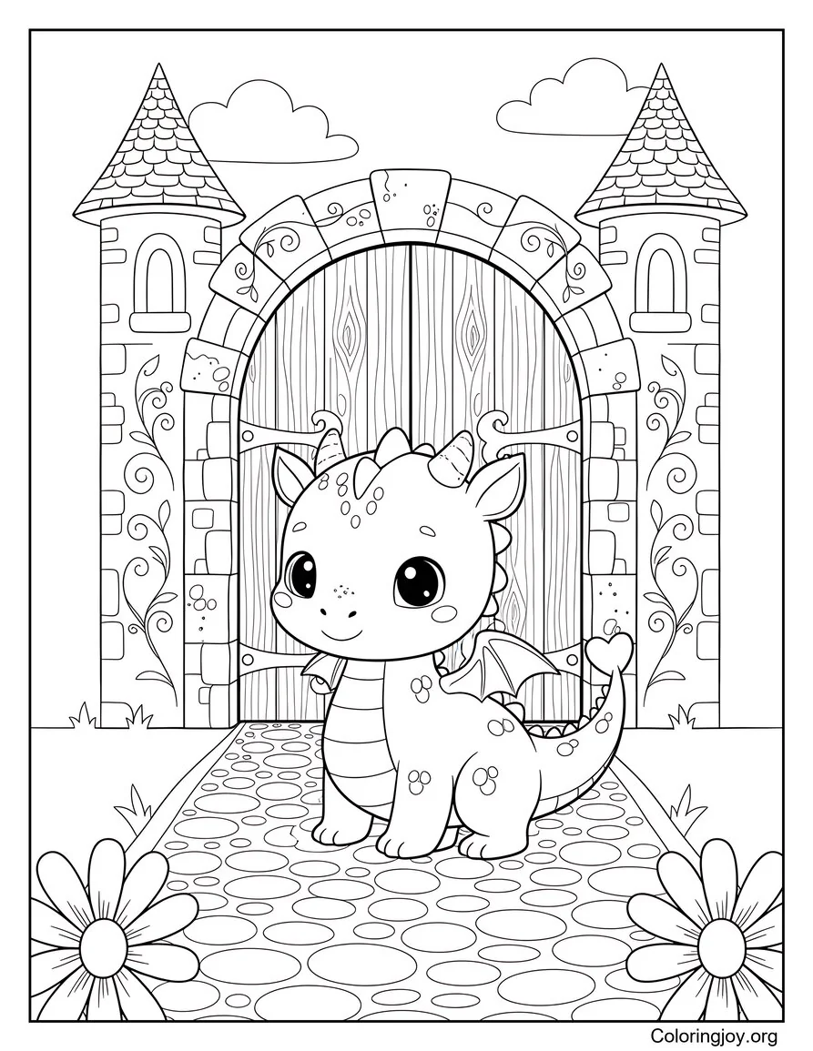 Dragón guardián parado en la puerta del castillo