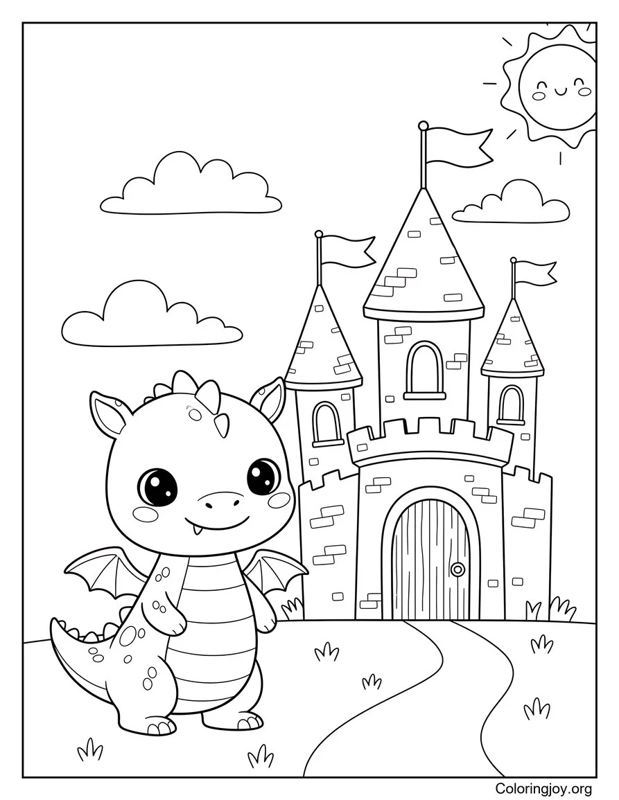 Dragón preescolar al lado del castillo de cuento de hadas