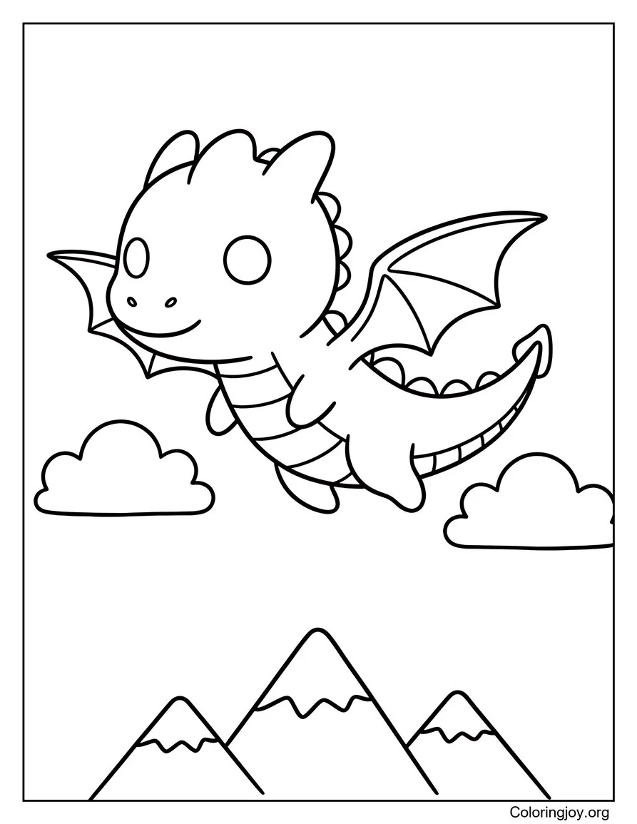 Página para colorear fácil de Sky Dragon volando sobre las montañas