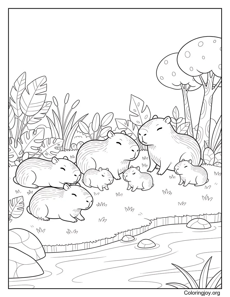 Familia de carpinchos en la naturaleza