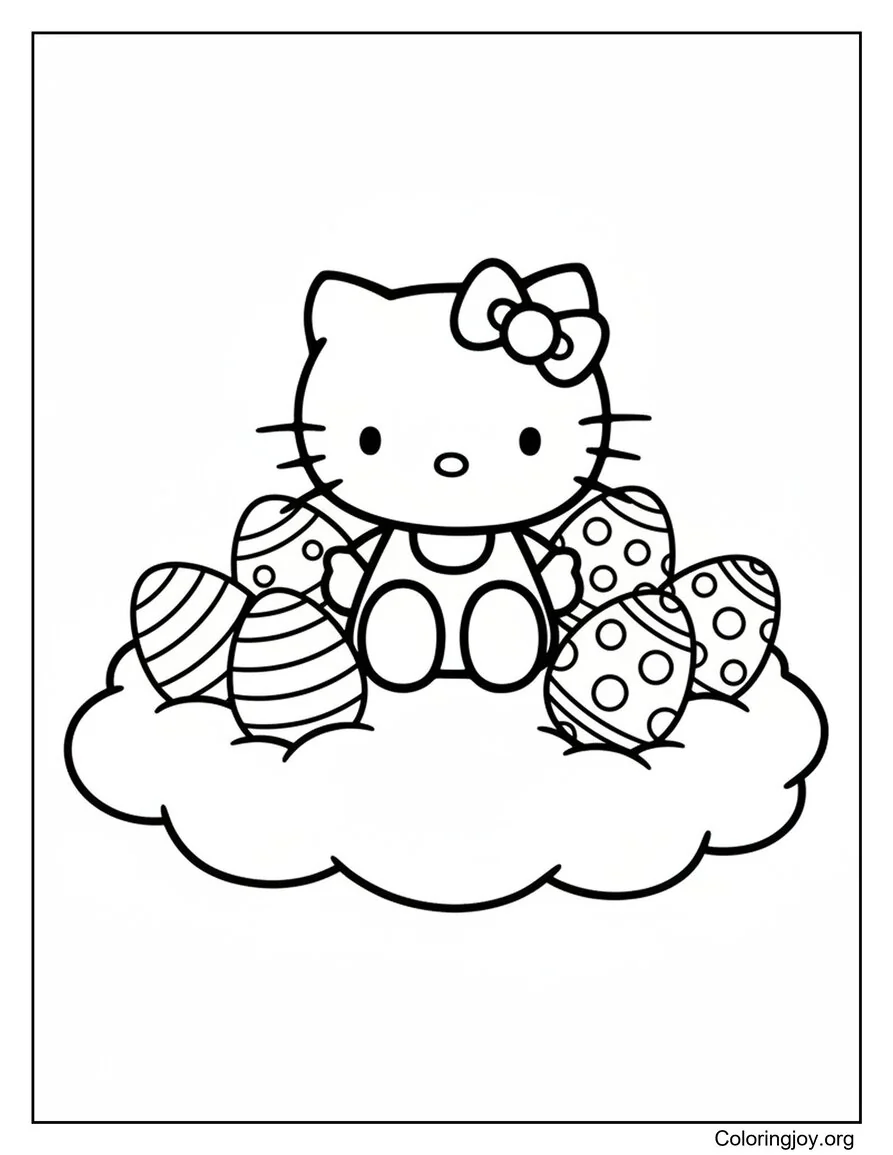 Hello kitty Decorando huevos en una nube