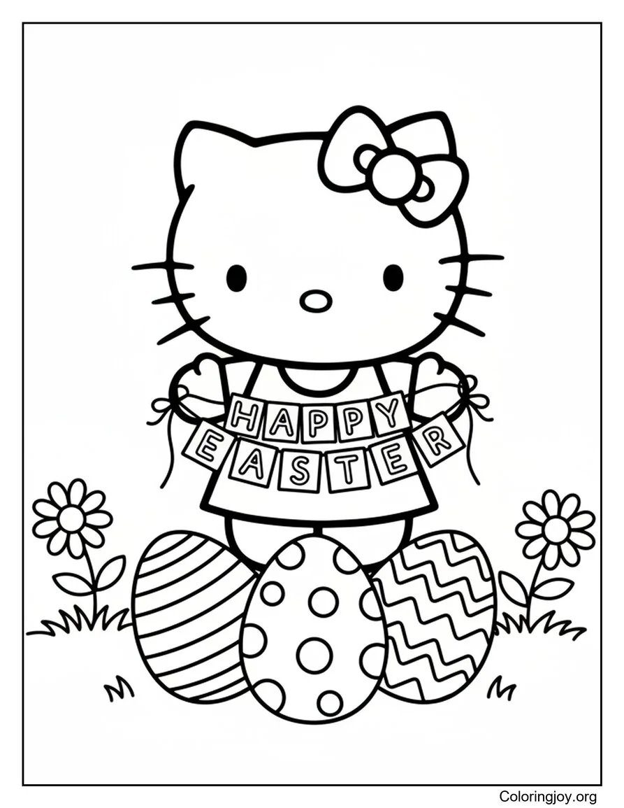 Hello kitty sosteniendo el cartel de Feliz Pascua