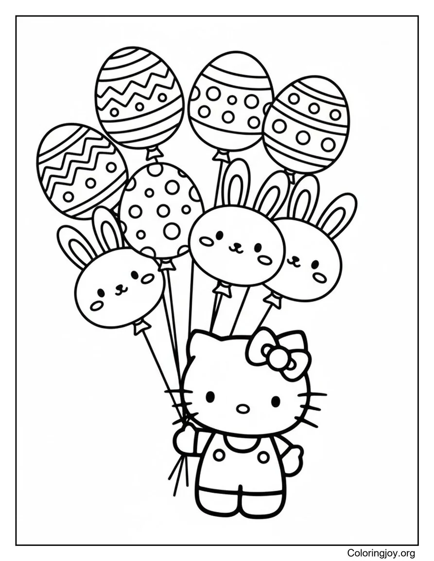 Hello kitty sostiene globos con temática de Pascua