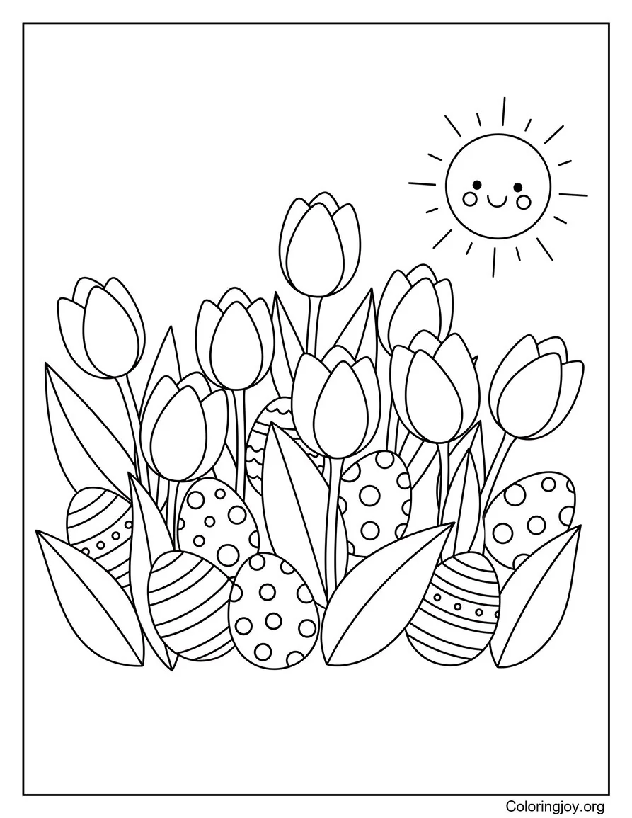 Jardín de tulipanes con huevos escondidos