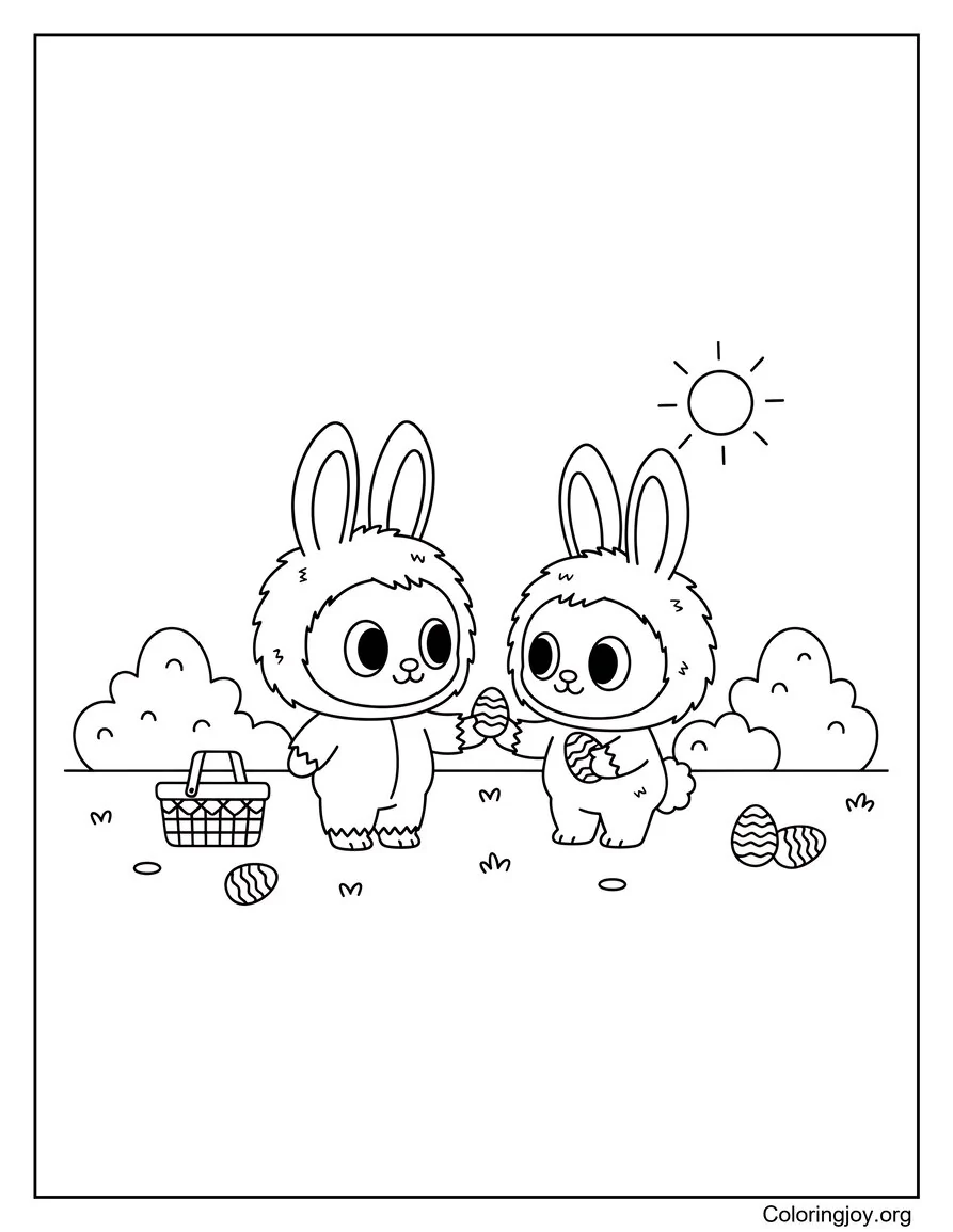 Labubu y Bunny Friend compartiendo huevos