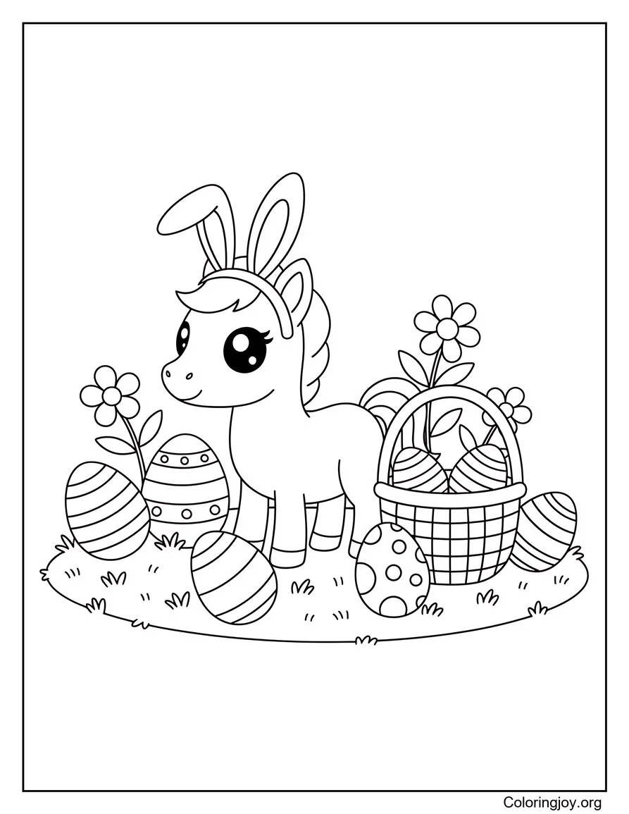 Linda página para colorear de conejito de Pascua y caballo