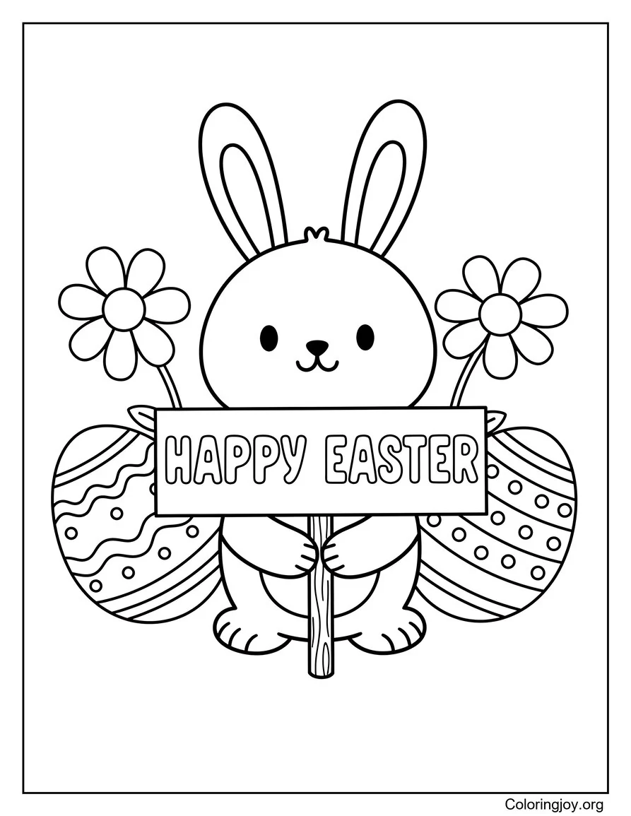 Lindo conejito imprimible sosteniendo un cartel de Feliz Pascua