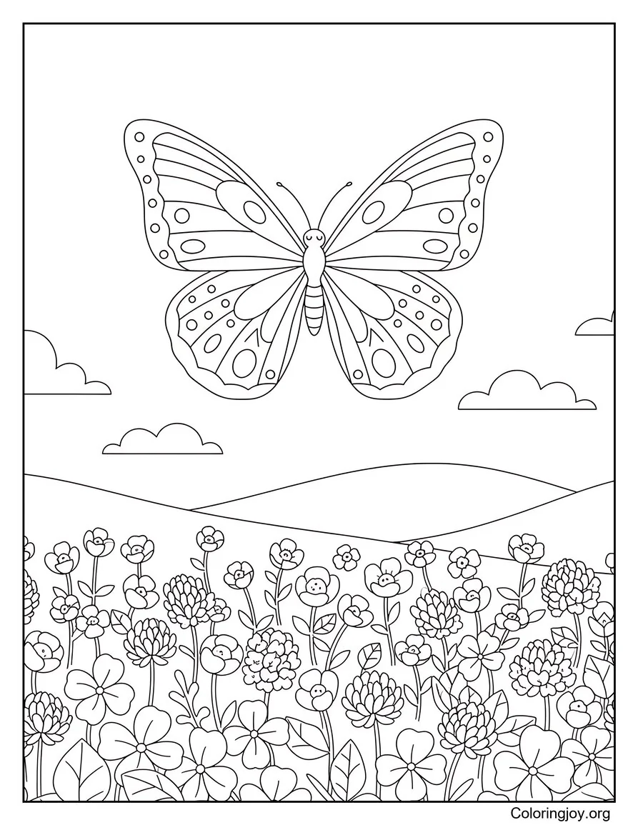 Mariposa flota sobre parches de flores silvestres