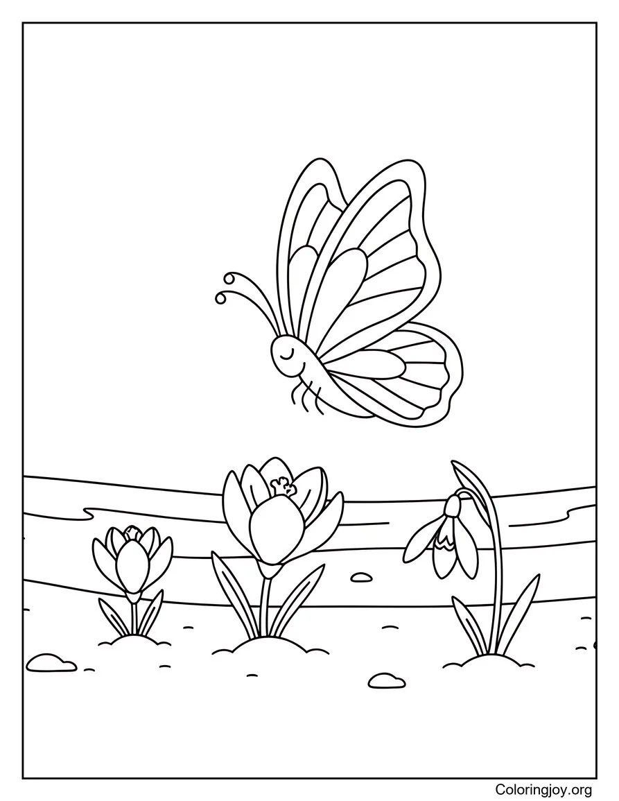 Mariposa se cierne sobre las primeras flores de primavera