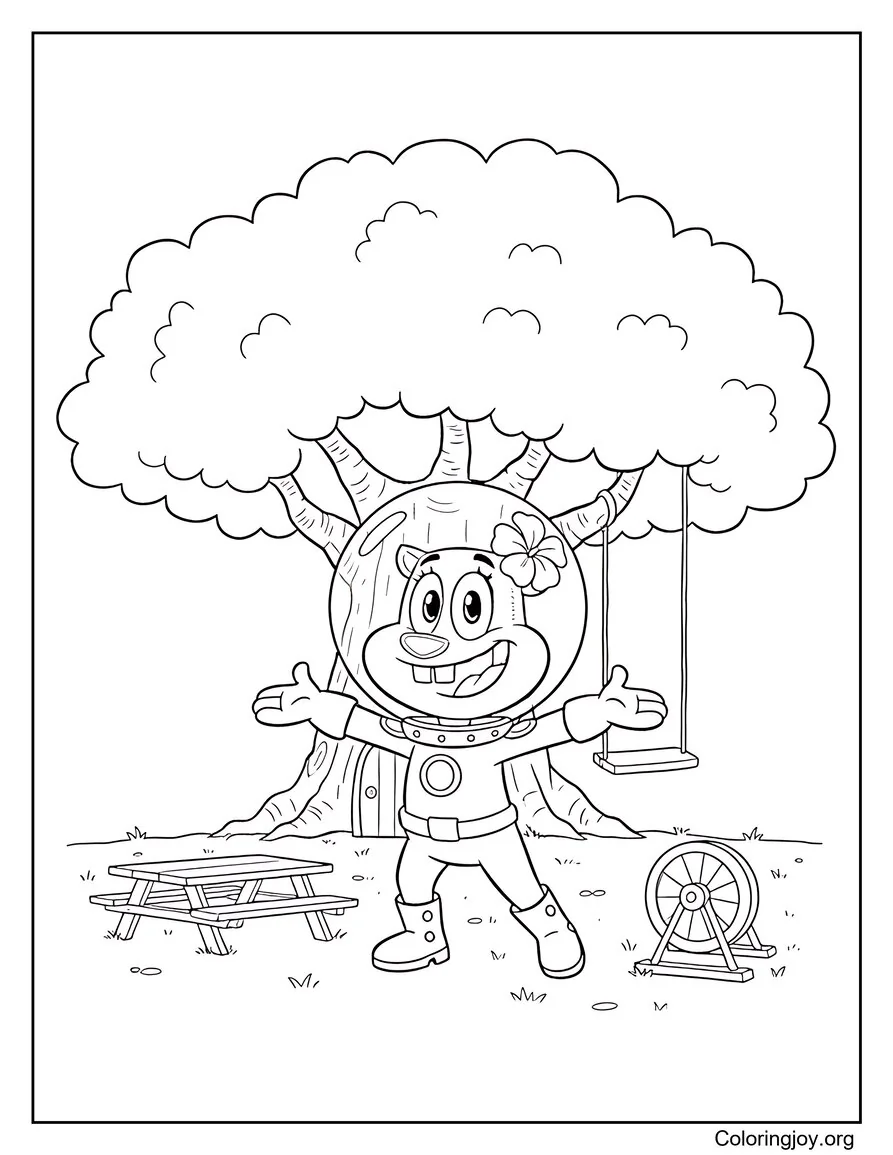 Sandy Cheeks con su traje Treedome