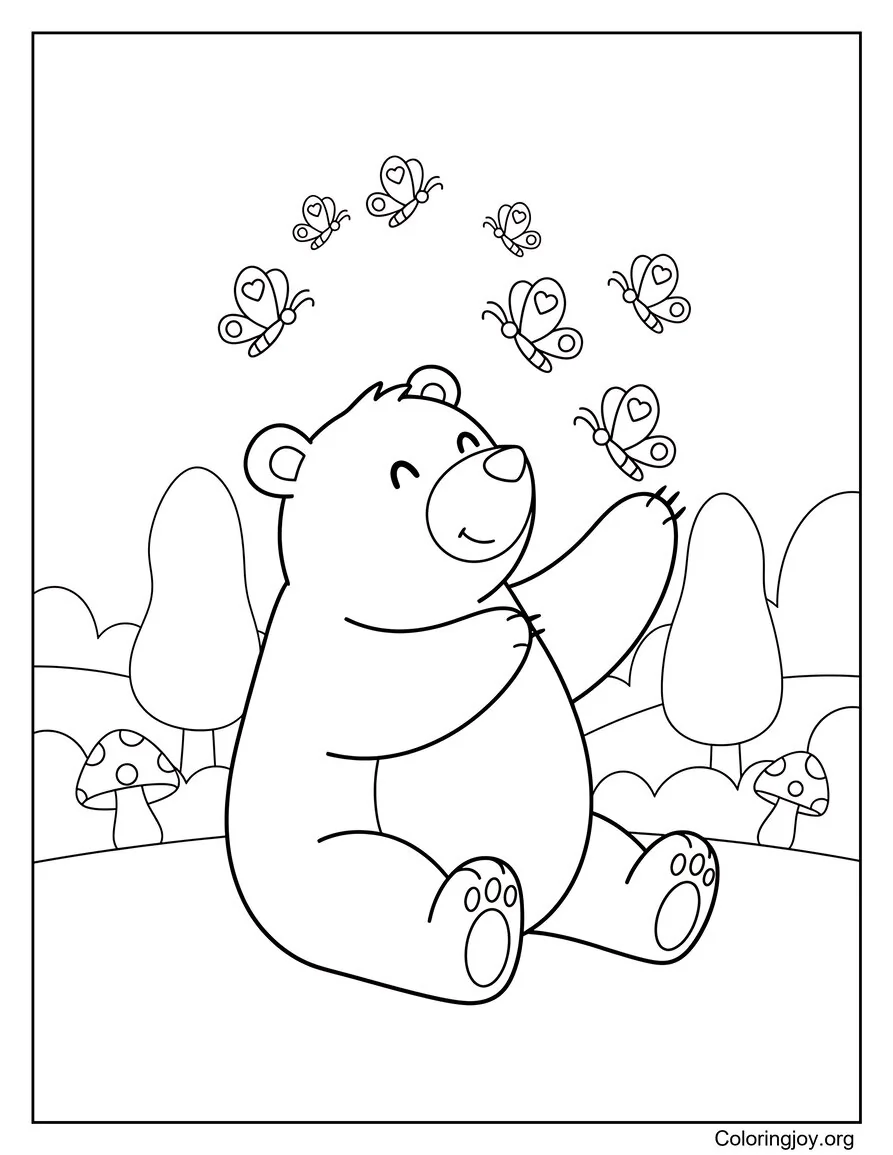 Dibujo de Oso Jugando con Mariposas para colorear