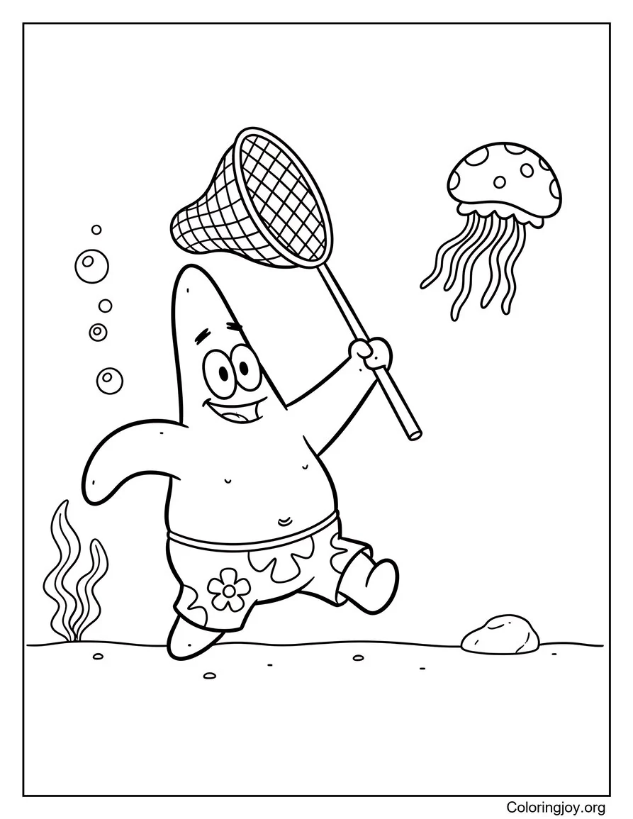 Patrick intentando atrapar una medusa